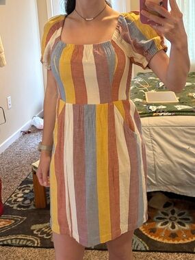 Striped Puff-Sleeve Mini Dress in Multi-Color